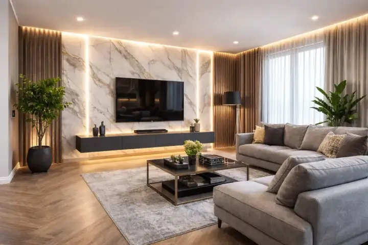 Nowoczesna ściana TV inspiracje: marmur, drewniane lamele i subtelne podświetlenie tworzą elegancką przestrzeń.